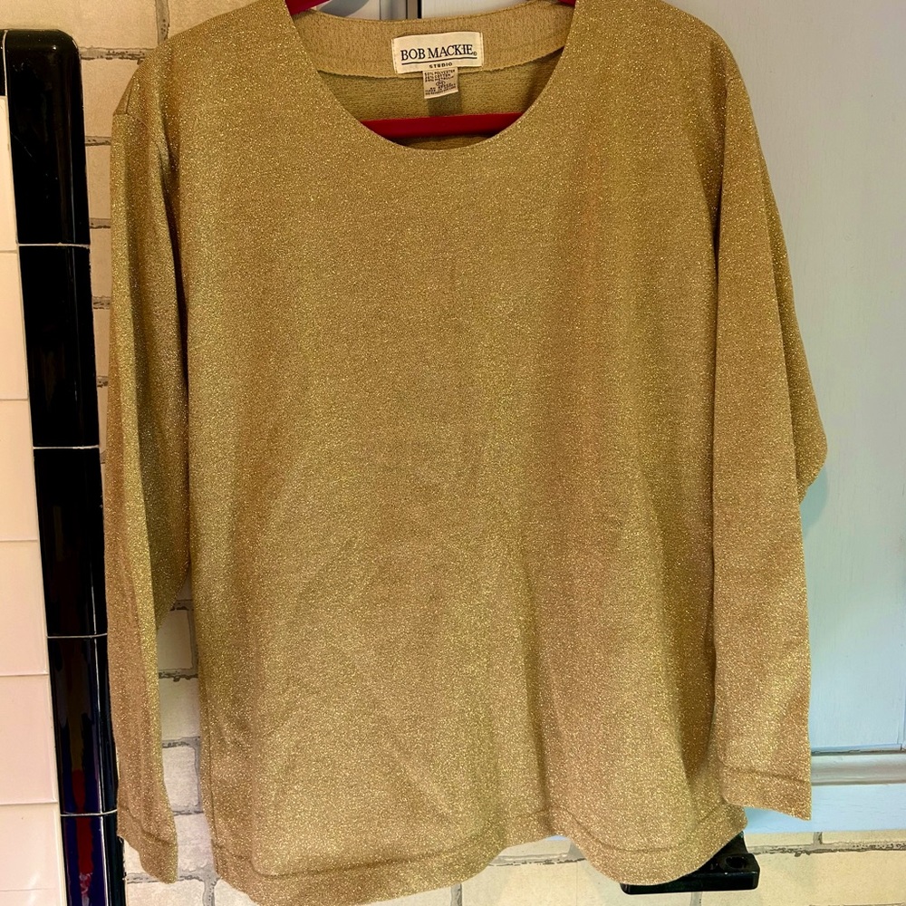 Bob Mackie Studio Vintage gold sparkle metallic long sleeve top Medium tunic 80s
